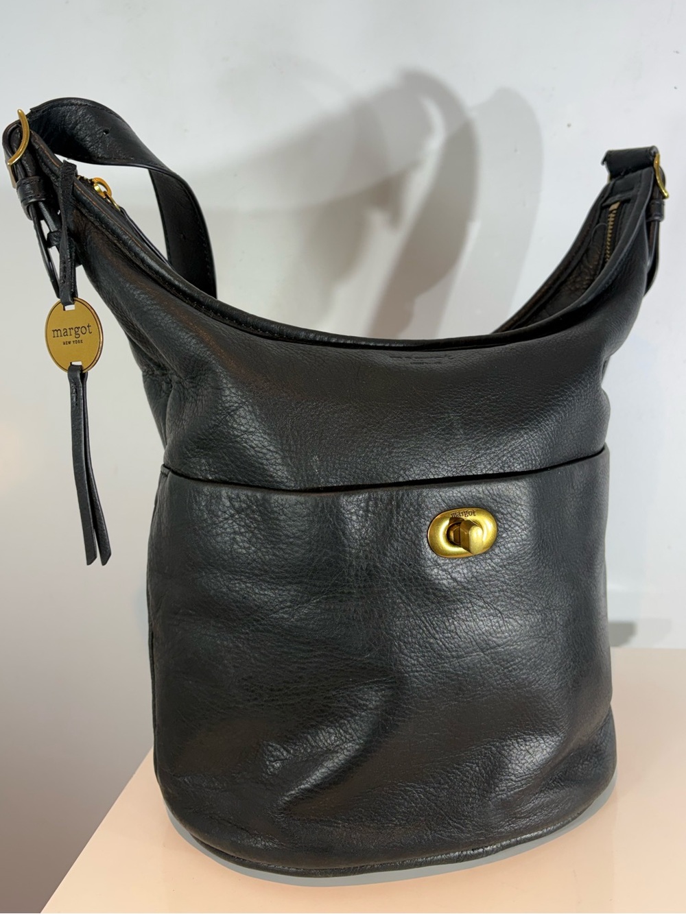 Margot Black Pebbled Hobo Shoulder Bag with Gold-Tone Hardware